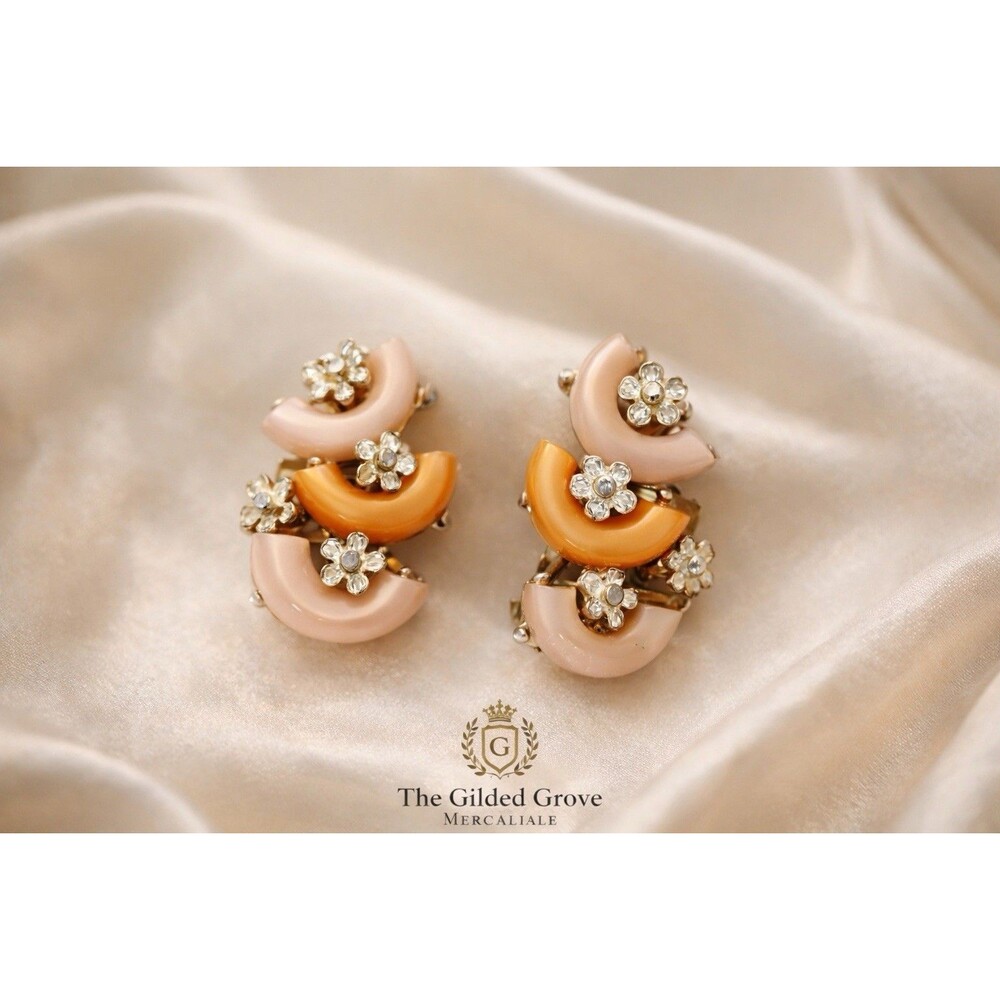 Vintage BSK Thermoset Plastic Floral Clip Earrings Peach Orange Gold Tone 1950s